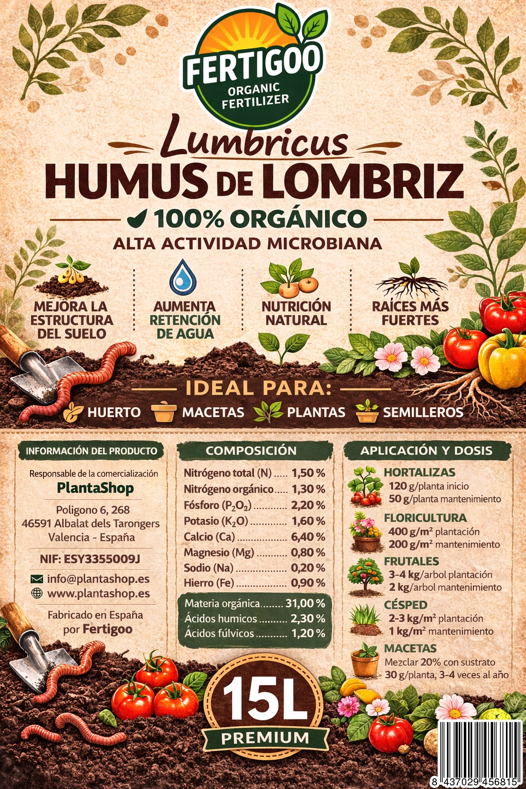 Fertigoo® Humus de Lombriz 15L Premium | Abono Organico 100% | Huerto - Plantas - Macetas - Cultivos - Semilleros | Mejora Suelo, Raíces y Retención de Agua | Rico en Nutrientes - Imagen 3